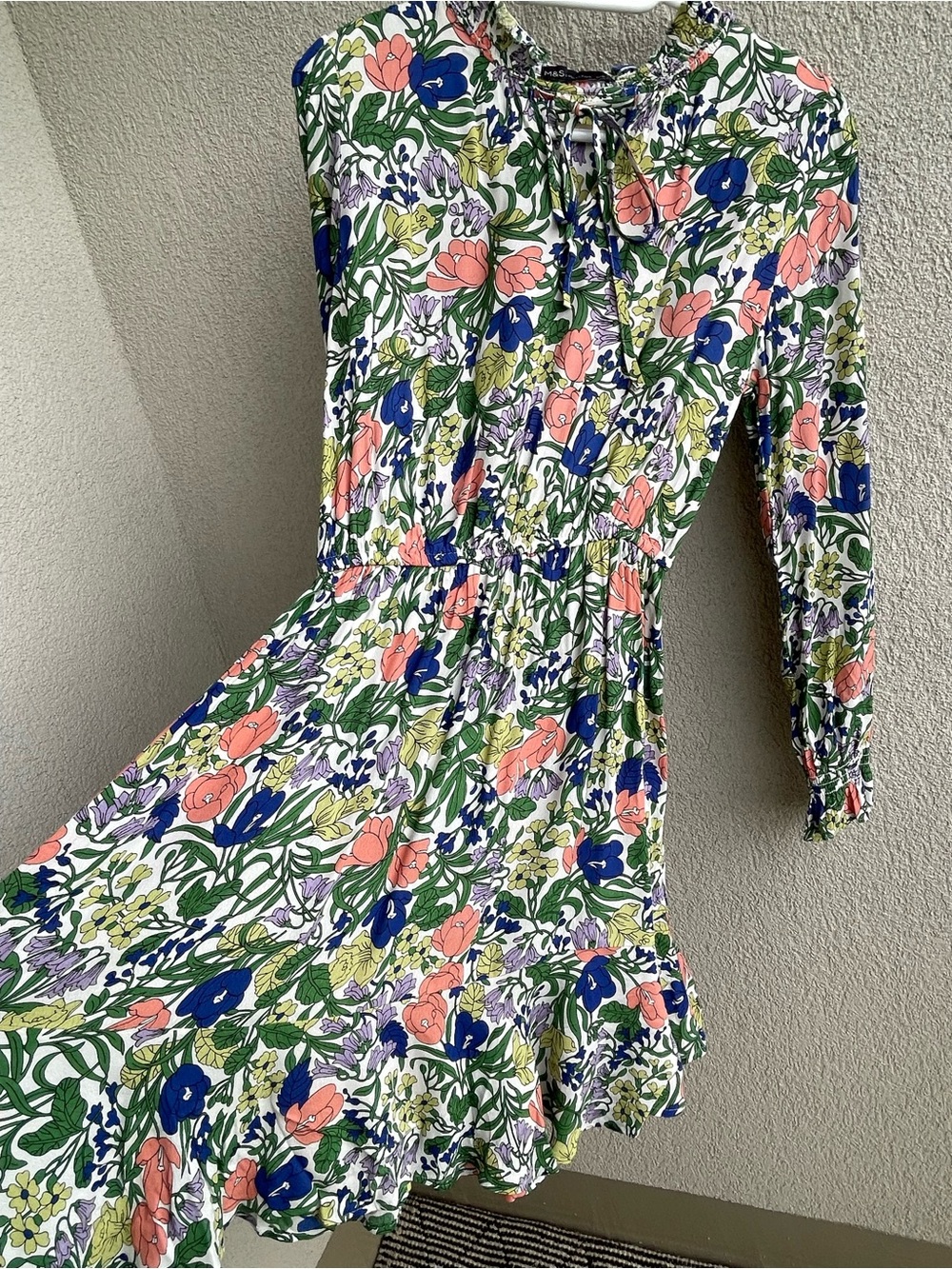 M&S, 100% viscose Floral Tie-Neck Long Sleeve midi Dress in Coral & Blue